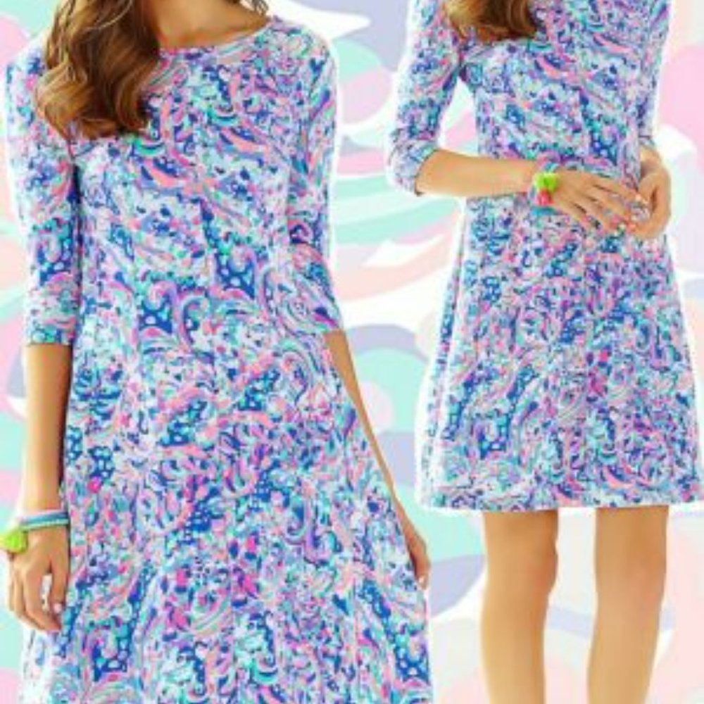 LILLY PULITZER CELIA DRESS MULTI LA PLAYA flat french terry fit flare LARGE